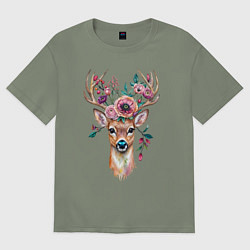 Футболка оверсайз женская Лесной олень арт, цвет: авокадо