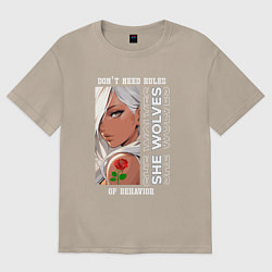 Футболка оверсайз женская Девушка из аниме с розой, цвет: миндальный