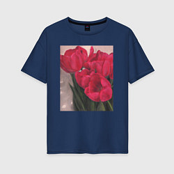 Футболка оверсайз женская Тюльпаны красные, цвет: тёмно-синий