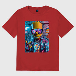 Футболка оверсайз женская Неоновый Барт Симпсон на фоне стены с граффити, цвет: красный