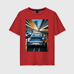 Футболка оверсайз женская Porsche 911 в городе, цвет: красный