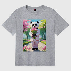 Футболка оверсайз женская Панда с букетом тюльпанов, цвет: меланж
