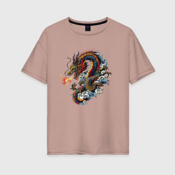 Футболка оверсайз женская Japanese dragon - engraving, цвет: пыльно-розовый