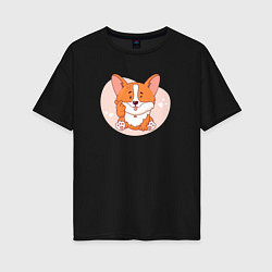 Футболка оверсайз женская Щенок корги показывает лапой жест - сердечко, цвет: черный