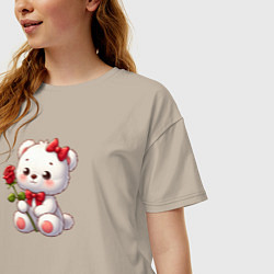 Футболка оверсайз женская Белый мишка с красной розой, цвет: миндальный — фото 2
