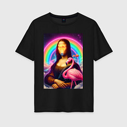 Футболка оверсайз женская Мона Лиза - лампочка и розовый фламинго, цвет: черный