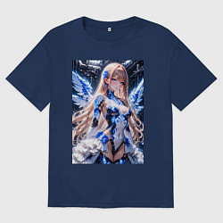 Футболка оверсайз женская Девушка с кибернетическими крыльями, цвет: тёмно-синий