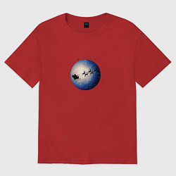 Футболка оверсайз женская Санта на оленях - темный, цвет: красный