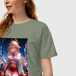 Футболка оверсайз женская Яэ Мико Genshin Impact на капоте с револьвером, цвет: авокадо — фото 2