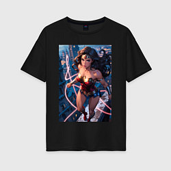 Футболка оверсайз женская Чудо-женщина на крыше с городским фоном в стиле ко, цвет: черный