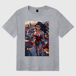 Футболка оверсайз женская Чудо-женщина на крыше с городским фоном в стиле ко, цвет: меланж