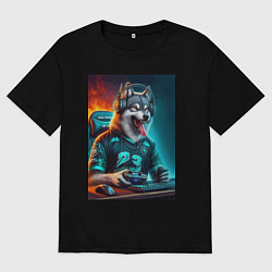 Футболка оверсайз женская Волчара кибер спортсмен - нейроарт, цвет: черный