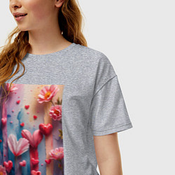 Футболка оверсайз женская Композиция из цветов и сердечек, цвет: меланж — фото 2