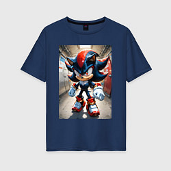 Футболка оверсайз женская Ежик Шедоу стоит в коридоре, цвет: тёмно-синий