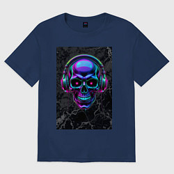 Футболка оверсайз женская Неоновый череп в наушниках, цвет: тёмно-синий