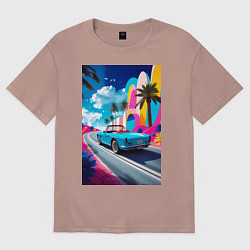 Футболка оверсайз женская Кабриолет едет по тропическому острову, цвет: пыльно-розовый