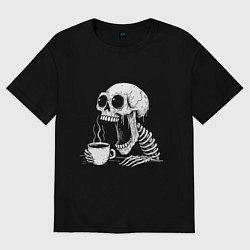 Футболка оверсайз женская Skeleton with coffee, цвет: черный