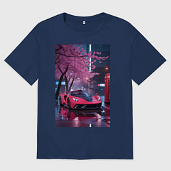Футболка оверсайз женская Суперкар и сакура, цвет: тёмно-синий