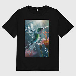 Футболка оверсайз женская Колибри летает у цветка, цвет: черный