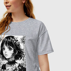 Футболка оверсайз женская Аниме девушка портрет черно-белый, цвет: меланж — фото 2