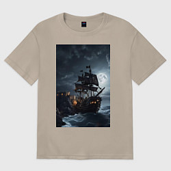 Футболка оверсайз женская Пиратский корабль в шторм, цвет: миндальный