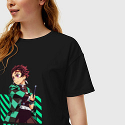 Футболка оверсайз женская Клинок рассекающий демонов Tanjiro, цвет: черный — фото 2