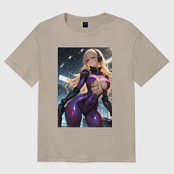 Футболка оверсайз женская Девушка с оружием в киберпанк стиле, цвет: миндальный