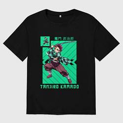 Футболка оверсайз женская Клинок рассекающий демонов Тандзиро с катаной, цвет: черный