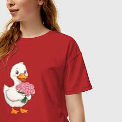 Футболка оверсайз женская Милая уточка с букетом роз, цвет: красный — фото 2