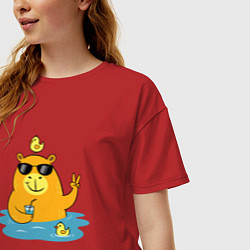 Футболка оверсайз женская Капибара на море с уточками, цвет: красный — фото 2