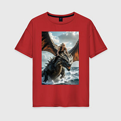 Футболка оверсайз женская Девушка летит на драконе в стиле Игры престолов, цвет: красный