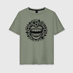 Футболка оверсайз женская Злая улыбка в цветах, цвет: авокадо