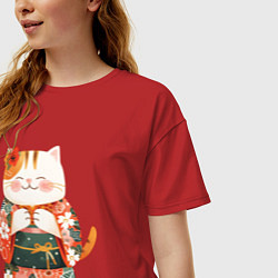 Футболка оверсайз женская Кошечка в кимоно, цвет: красный — фото 2