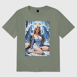 Футболка оверсайз женская Девушка-ангел на снегу в лесу, цвет: авокадо