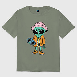 Футболка оверсайз женская Инопланетянин с магнитофоном, цвет: авокадо
