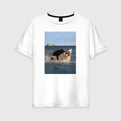 Футболка оверсайз женская Кошка и акула, цвет: белый