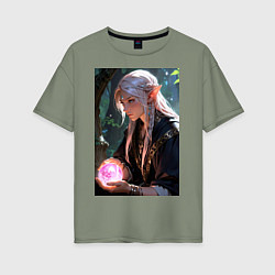 Футболка оверсайз женская Серьёзная эльфийка с магической сферой, цвет: авокадо