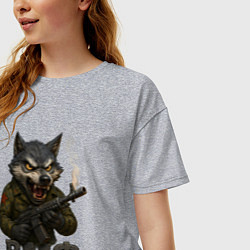 Футболка оверсайз женская ВМФ волк стреляет из автомата, цвет: меланж — фото 2