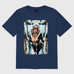 Футболка оверсайз женская Черная кошка в сейфе банка, цвет: тёмно-синий