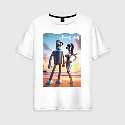 Футболка оверсайз женская Робот-сгибальщик Бендер со своей чувихой на пляже, цвет: белый