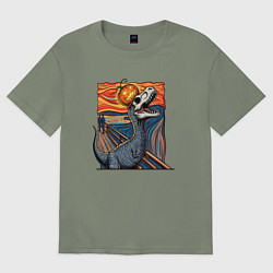 Футболка оверсайз женская Монстр тираннозавр и тыква Джека, цвет: авокадо