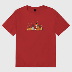 Футболка оверсайз женская Лиса с тыквами и фонарём, цвет: красный