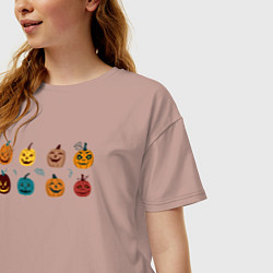 Футболка оверсайз женская Разноцветные тыквы Джека на Хэллоуин, цвет: пыльно-розовый — фото 2