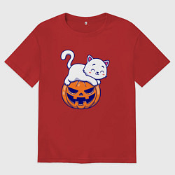 Футболка оверсайз женская Белый котик и тыква, цвет: красный