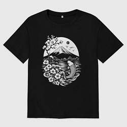 Футболка оверсайз женская Сакура, Фудзи и карп кои, цвет: черный