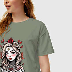 Футболка оверсайз женская Русская девушка с узорами, цвет: авокадо — фото 2