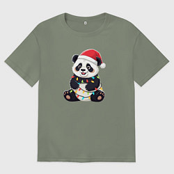 Футболка оверсайз женская Новогодняя Панда в гирлянде, цвет: авокадо