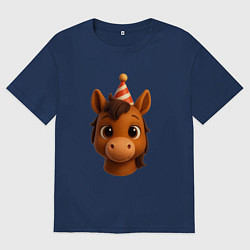 Футболка оверсайз женская Новогодняя лошадка голова, цвет: тёмно-синий