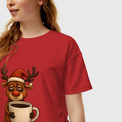Футболка оверсайз женская Уставший олень с кофе, цвет: красный — фото 2