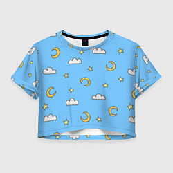 Футболка 3D укороченная женская Облака, луна и звезды на небе, цвет: 3D-принт